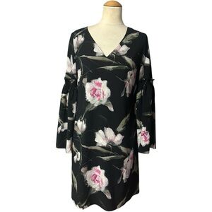 WHBM Long Sleeve Floral Bell Sleeve Shift Dress Black Floral Size 2
